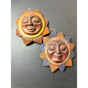 Vintage Hand Carved Wood Sun Moon Face Wall Decor Celestial Folk Art Masks 2